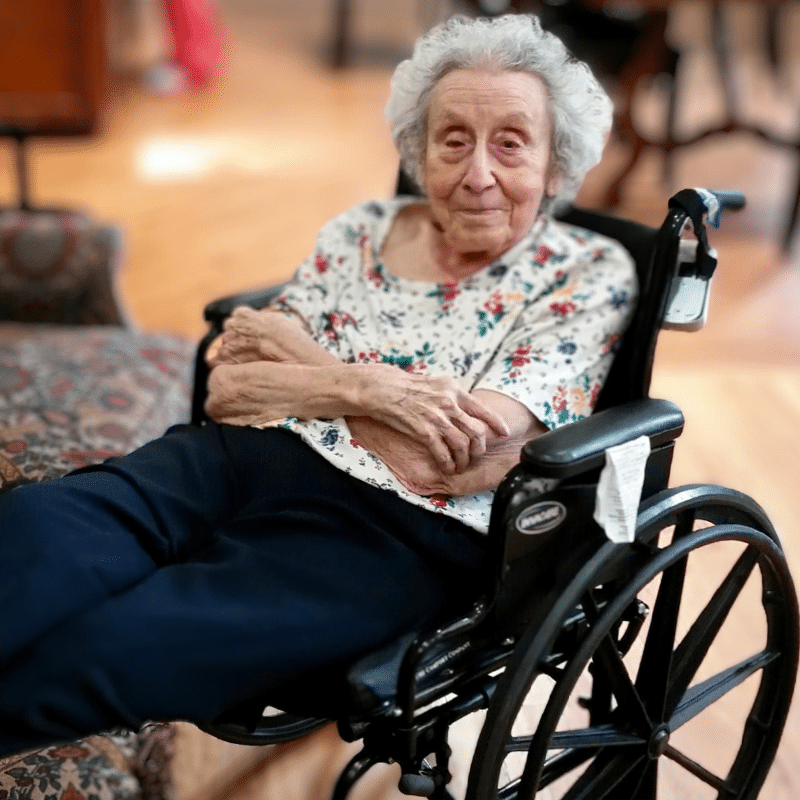 Jane in her wheelchair, durable medical equipment custom fit to meet her needs